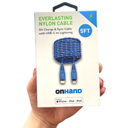 ONHAND EVERLASTING NYLON CHARGE AND SYNC CABLE - BLUE 5FT BP USB-C TO LIGHTNING (MFI CERTIFIED)