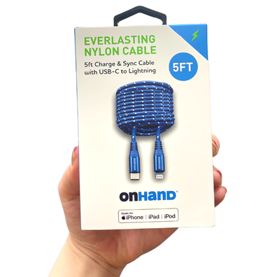 ONHAND EVERLASTING NYLON CHARGE AND SYNC CABLE - BLUE 5FT BP USB-C TO LIGHTNING (MFI CERTIFIED)